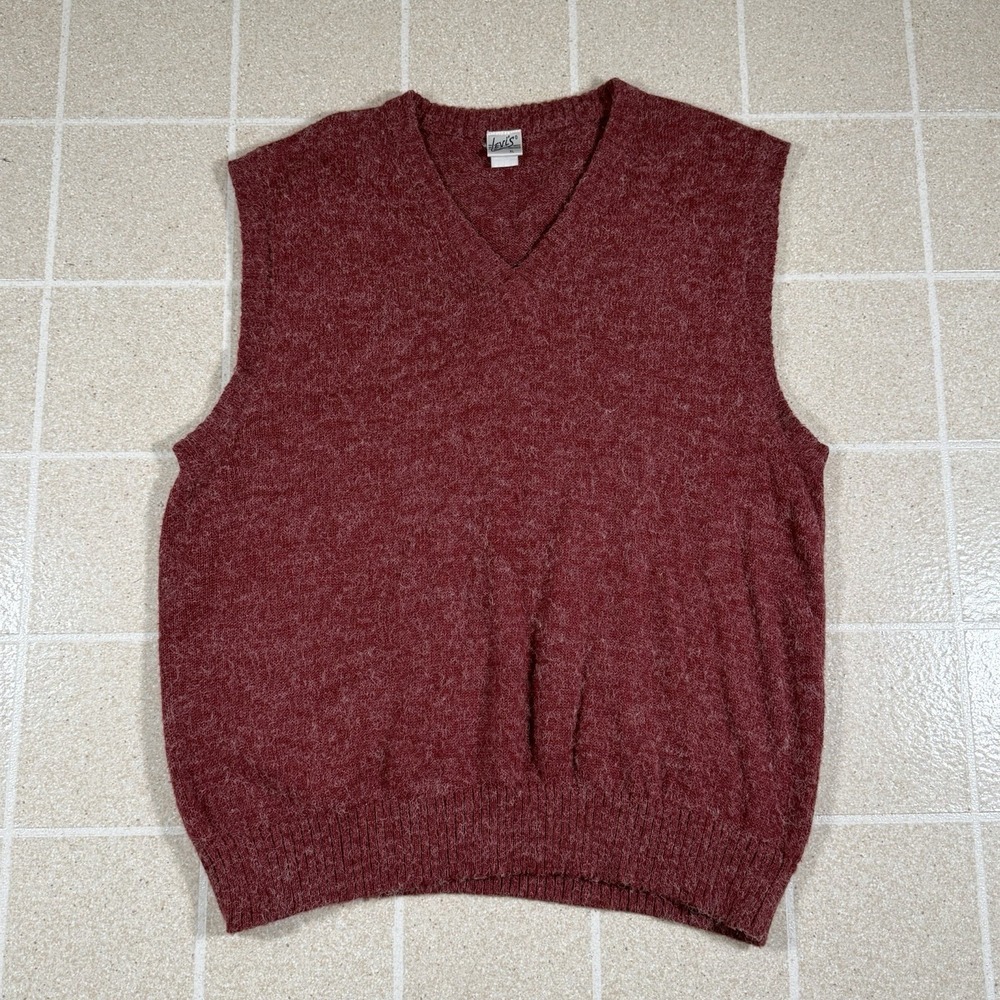 Vintage 70s Levi's Burgundy Fuzzy Knit Sweater Vest V-Neck Men's L Cabincore